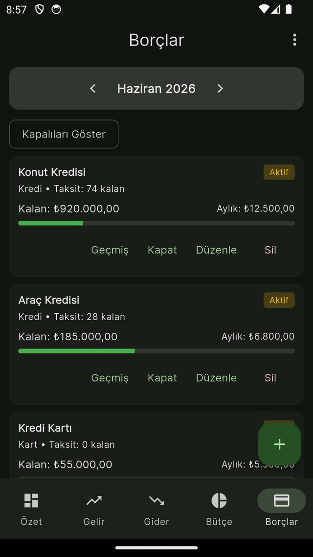 Borçlar ekranı — aktif borç listesi