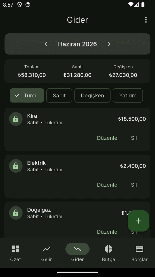 Gider ekranı — kategorili gider listesi
