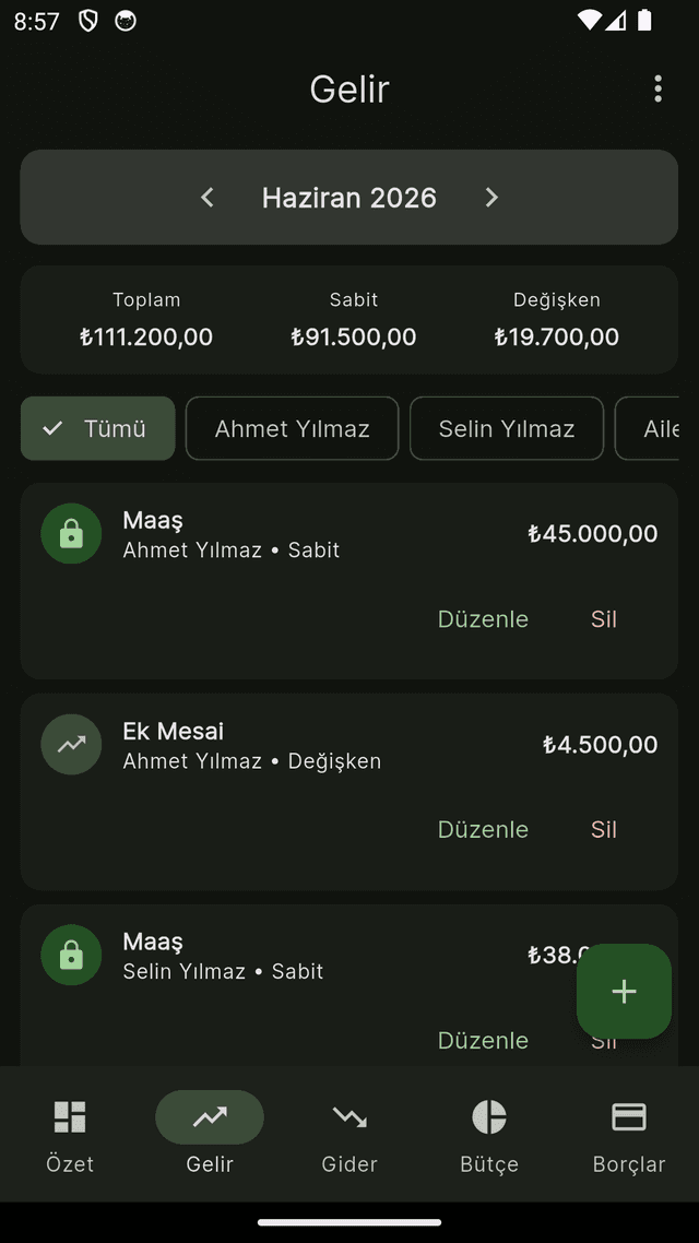 Gelir ekranı — kişi bazlı gelir listesi